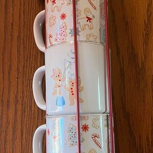 Gingerbread Man Set 4 Stacking Mugs W/ Wire Holder Pastel Mrs Claus At Home NEW